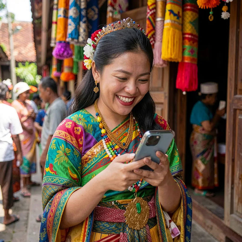 A joyful Filipino woman in traditional attire looking at her phone with a bright smile while using the G4488 app in a vibrant cultural setting