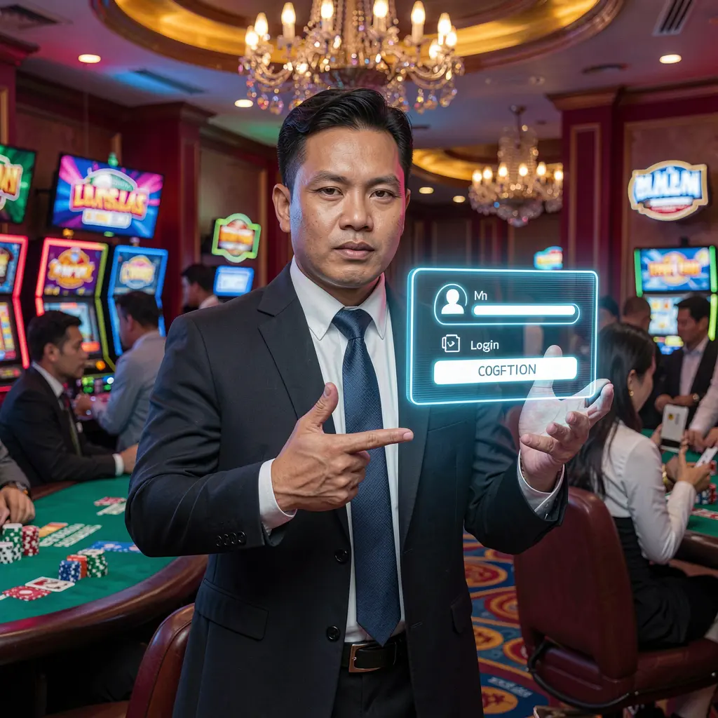 G4488 Login – Easy and secure access to your casino account in the Philippines Confident Filipino casino dealer presenting a floating holographic login button in a vibrant casino setting highlighting G4488 access for players in the Philippines